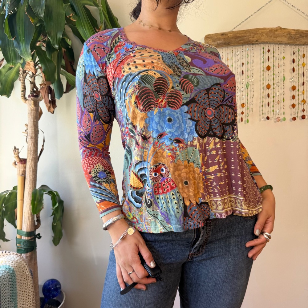 Johnny Was Bamboo Blend 3/4 Sleeve V-Neck Floral Owl Top Whimsy Granola Hippie M